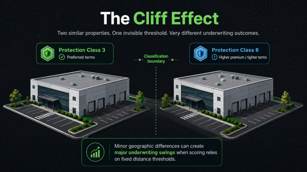 Two nearly identical commercial buildings are shown side by side, separated by a dashed line labeled "classification boundary." One is marked "Protection Class 3" and the other "Protection Class 6," highlighting different wildfire underwriting terms.