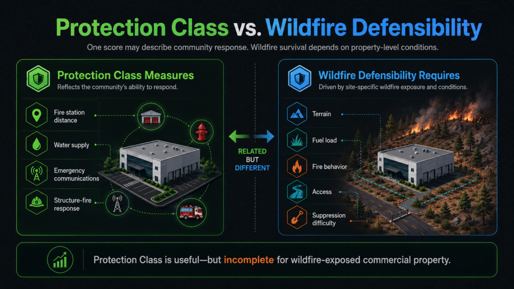 Infographic compares Protection Class Measures, like fire stations and water supply, to wildfire defensibility requirements, such as terrain and fuel load, for commercial properties—highlighting they are related but different.