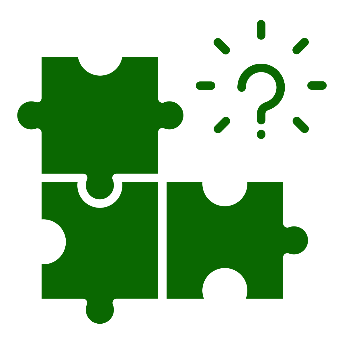 Three green puzzle pieces fit together, with one missing piece, and a green question mark surrounded by lines above the gap, symbolizing a mystery or solution yet to be found.