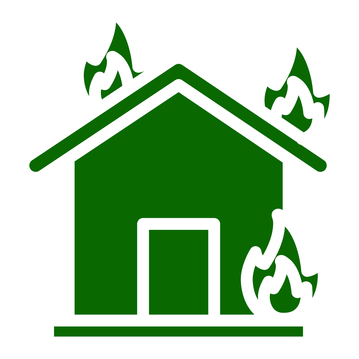 A green, simplified icon of a house with stylized flames on the roof and side, representing a house on fire. The background is white.
