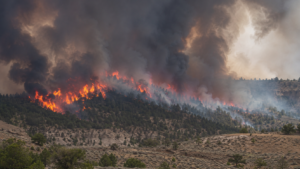 A fierce wildfire burns through a forested hillside, with large flames and thick, dark smoke rising into the sky above the dry, rugged terrain.
