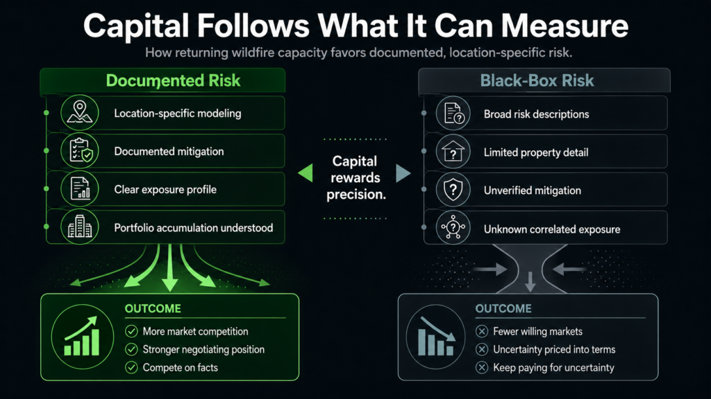 Infographic comparing documented risk and black-box risk for wildfire capital, showing outcomes and benefits, with icons and text highlighting wildfire-related precision, mitigation, and market effects.