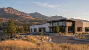 Modern building with large windows sits empty in a dry, grassy landscape, an area prone to wildfire, with mountains and pine trees in the background under a clear blue sky at sunset.