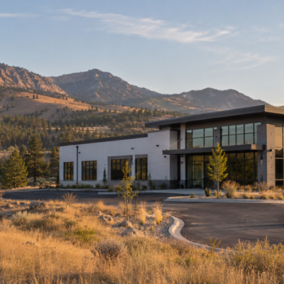 Modern building with large windows sits empty in a dry, grassy landscape, an area prone to wildfire, with mountains and pine trees in the background under a clear blue sky at sunset.