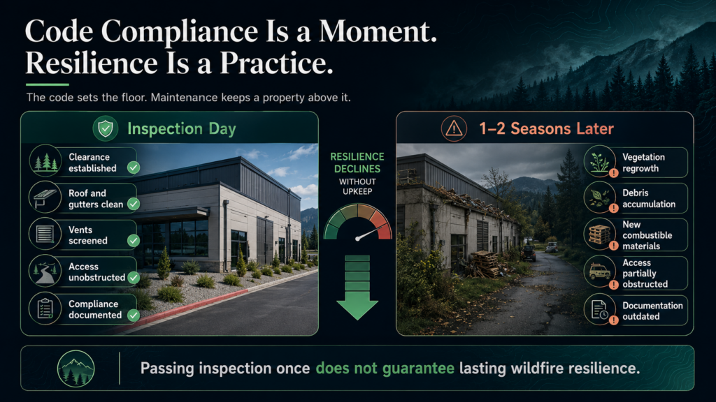 Infographic contrasting a well-maintained building on inspection day with a neglected one one to two seasons later, illustrating how regular maintenance impacts wildfire resilience. Includes text and lists related to inspection and decline factors, emphasizing the crucial role of upkeep in protecting structures from wildfire risks.