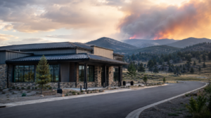 A modern building sits near a mountain landscape, while thick smoke and flames from a raging wildfire rise in the distance under a dramatic, cloudy sky.