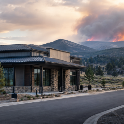 A modern building sits near a mountain landscape, while thick smoke and flames from a raging wildfire rise in the distance under a dramatic, cloudy sky.