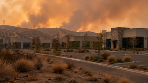 An empty parking lot and office buildings stand under an orange sky filled with thick smoke from a nearby wildfire, as flames burn across the hills in the background. Dry vegetation is visible in the foreground.