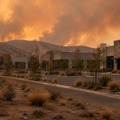 An empty parking lot and office buildings stand under an orange sky filled with thick smoke from a nearby wildfire, as flames burn across the hills in the background. Dry vegetation is visible in the foreground.