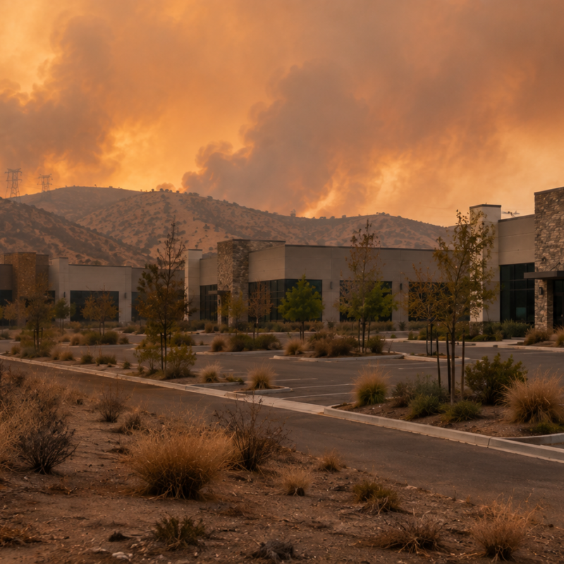 An empty parking lot and office buildings stand under an orange sky filled with thick smoke from a nearby wildfire, as flames burn across the hills in the background. Dry vegetation is visible in the foreground.