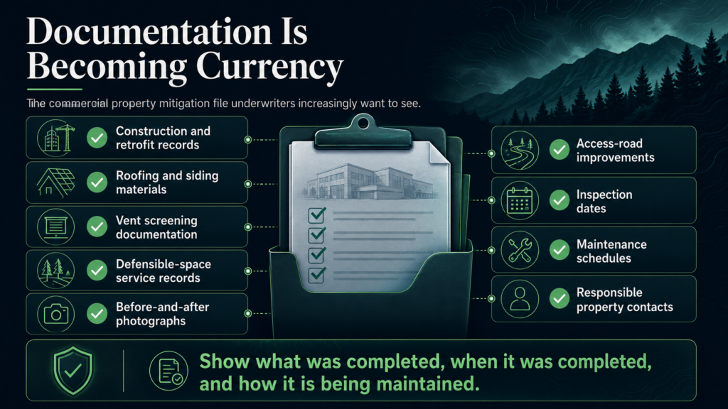 An infographic titled "Documentation Is Becoming Currency" shows a checklist of property documents and maintenance, emphasizing the importance of reporting completed and ongoing work for property mitigation, especially in wildfire-prone areas.