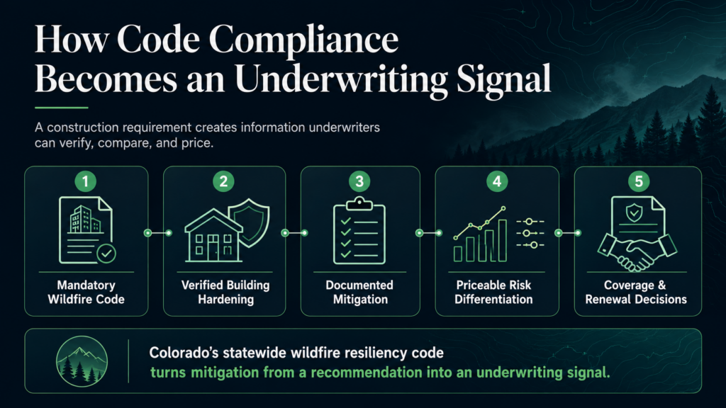 Infographic showing five steps for how code compliance informs underwriting: wildfire code, building hardening, mitigation, risk differentiation, and coverage decisions. Text highlights Colorado’s wildfire resiliency code and emphasizes the importance of adhering to wildfire regulations for improved safety and risk management.