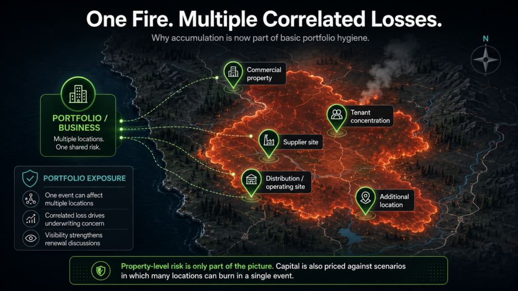 An illustrated map shows a wildfire spreading across properties, highlighting wildfire risks to commercial property, suppliers, distribution, tenants, and additional locations. Text discusses portfolio-level risks and correlated fire losses.