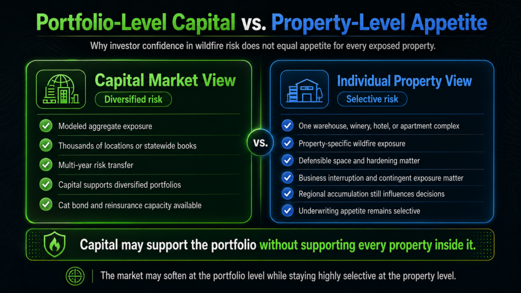 Infographic comparing capital market (portfolio) vs. individual property views in wildfire risk, highlighting differences in wildfire risk support, coverage, and decision-making. Text and icons illustrate key points for each perspective.