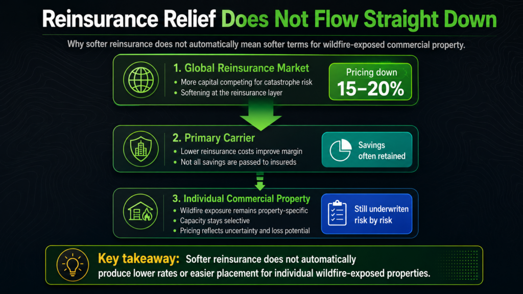 Infographic explaining why reinsurance relief does not mean lower rates for wildfire-exposed properties, highlighting key points for reinsurers, carriers, and commercial property impacted by wildfire risks, with statistics and icons.