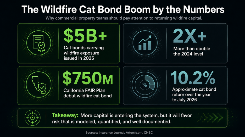 Infographic showing growth in wildfire cat bonds: over $5B in wildfire exposure for 2025, $750M California FAIR Plan bond, bonds more than double in size from 2024, and a 10.2% return rate, with a key takeaway about capital and risk.