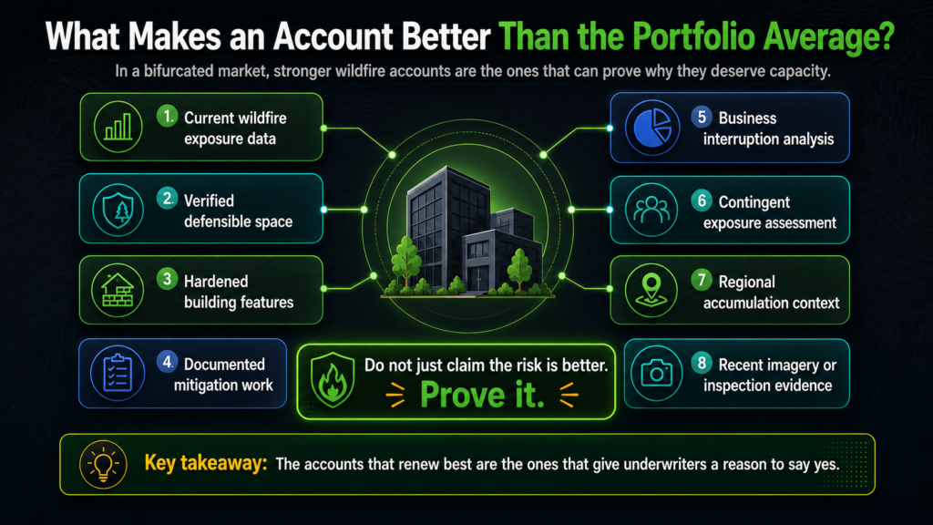 Infographic showing 8 ways to prove an account is better than average, including data, analysis, and building features like wildfire resilience measures, with a central building graphic. Key takeaway: best accounts help underwriters reason to say yes.