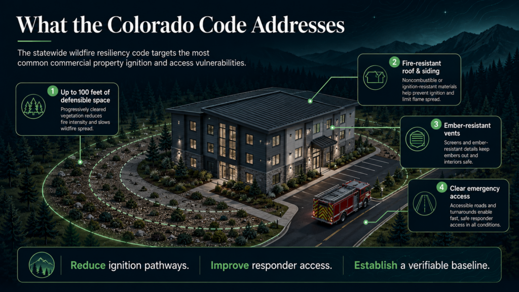 A graphic shows a building with wildfire safety features labeled: defensible space, fire-resistant roofing/siding, ember-resistant vents, and clear emergency access. Text highlights reducing wildfire ignition, improving access, and establishing baselines.