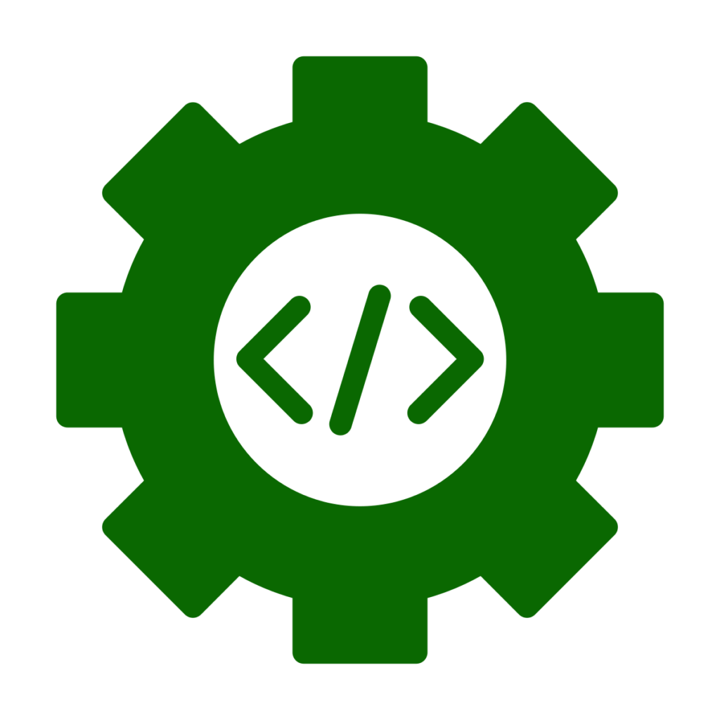 A green gear icon with a white circle in the center, containing a pair of angle brackets and a forward slash, representing a coding or programming symbol.