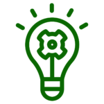 Green outline of a light bulb with a gear inside it, symbolizing innovation or technical ideas. Radiating lines suggest illumination or creativity spreading rapidly, like a wildfire.