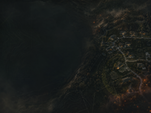 Aerial view of a small suburban neighborhood at night, surrounded by dense forest. Houses are lit, while the dark, smoky area on the left suggests recent fire damage or encroaching danger.