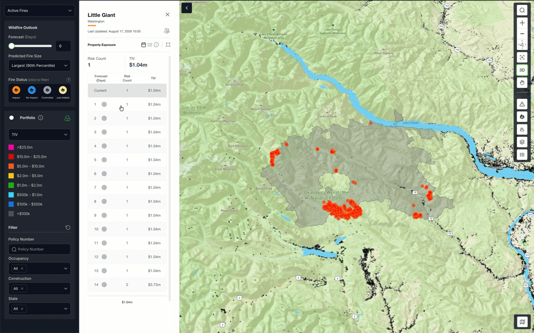 A digital wildfire risk map shows affected property values by wildfire exposure, with red spots marking high-risk areas on a green terrain background and a data menu on the left.