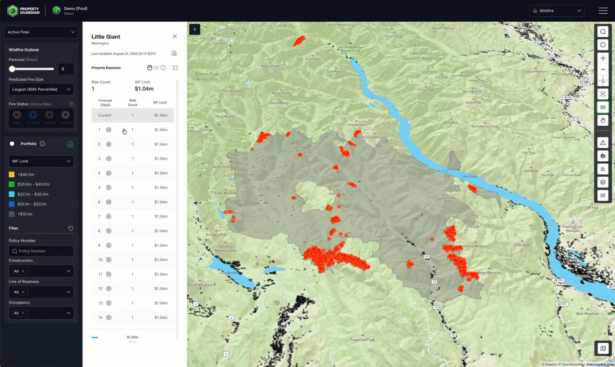 A digital map displays a wildfire spread area in gray with red hotspots indicating active wildfire locations. A sidebar on the left lists property details, values, and risk data. Rivers and terrain features are visible in the background.
