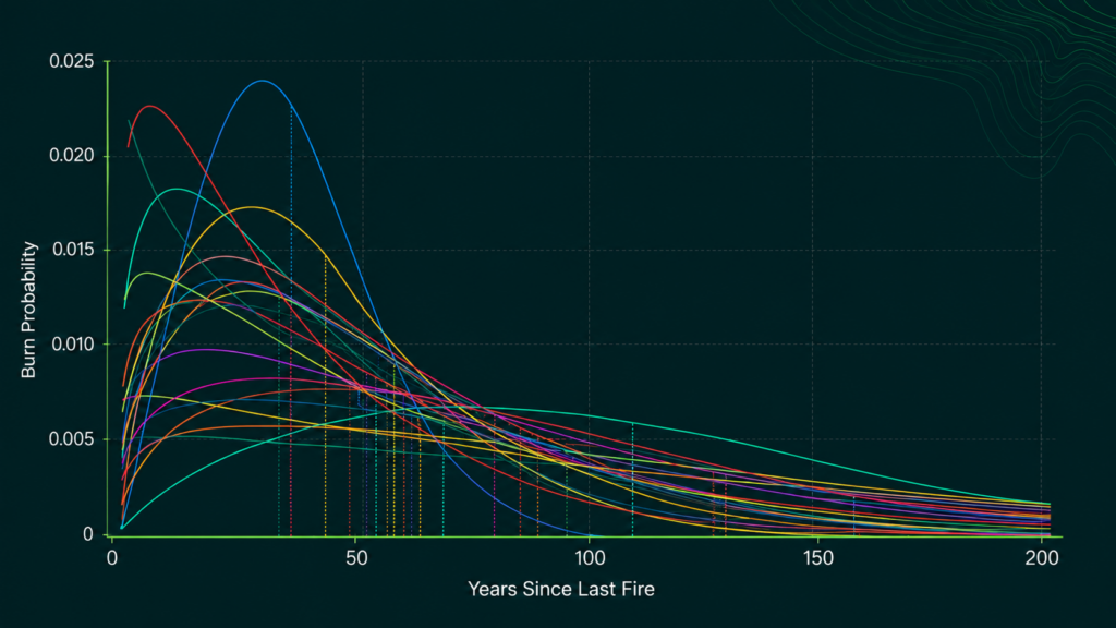 Line graph shows burn probability versus years since last fire for multiple scenarios, each represented by a different colored line, peaking early and decreasing gradually over 200 years.