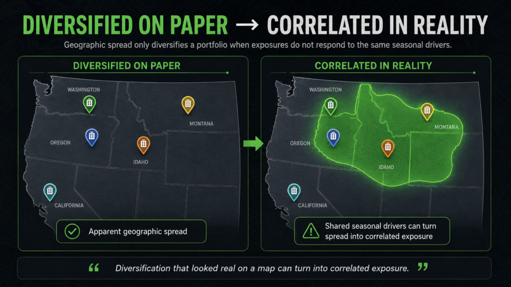 Two U.S. maps show that while investments appear geographically diversified, shared seasonal factors such as wildfire risks can align exposures, turning geographic diversity into correlated risk, especially in Washington, Oregon, Idaho, Montana, and California.