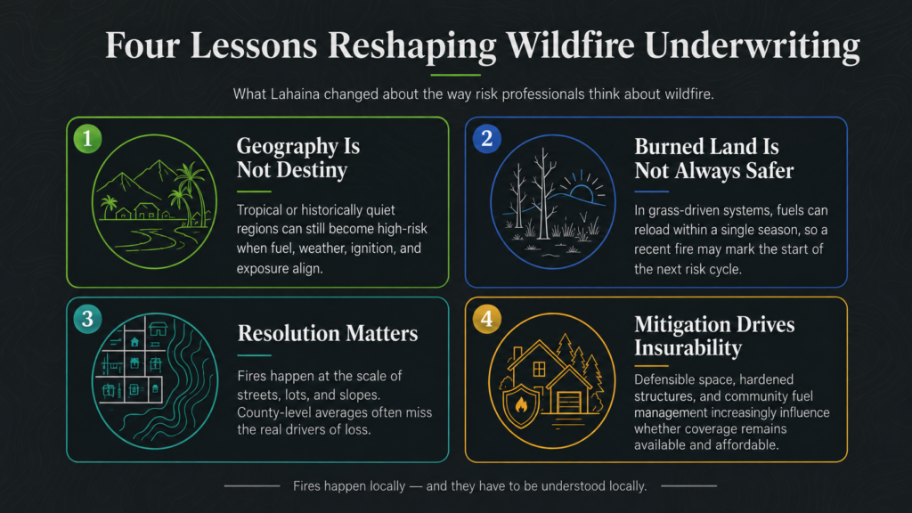 An infographic titled “Four Lessons Reshaping Wildfire Underwriting,” summarizing key wildfire lessons on geography, burned land, resolution, and mitigation in wildfire risk management with icons and brief descriptions for each lesson.
