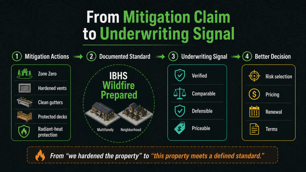 Infographic showing steps from mitigation action to better wildfire underwriting: actions taken, documented standard, underwriting signal, and improved decisions like pricing and terms. Includes icons and labeled diagrams of property types impacted by wildfire risk.
