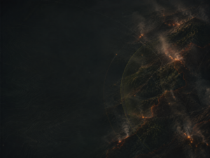 A dark, smoky aerial view of rugged terrain with glowing orange lines and scattered fires, suggesting volcanic or geothermal activity, with faint circular patterns overlaying part of the scene.