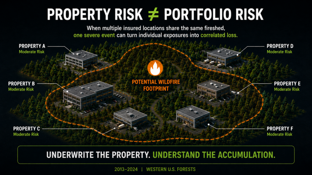 A graphic shows six office buildings labeled Property A-F in a wildfire footprint area, highlighting property risk versus portfolio risk with text about wildfire loss accumulation, emphasizing the threat posed by wildfire to commercial real estate holdings.