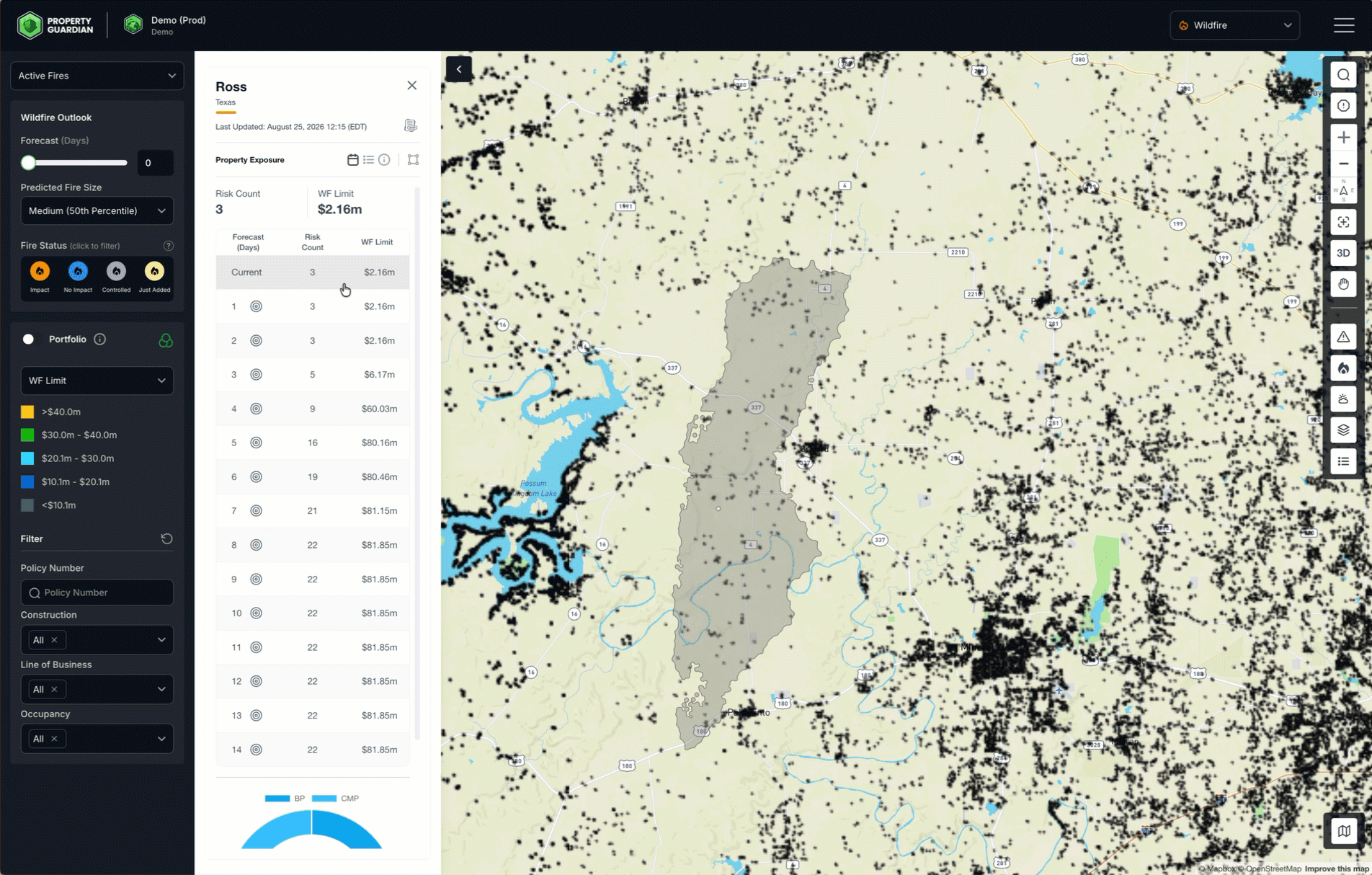 A digital map interface displays a central shaded region with surrounding land and water features, highlighting areas potentially impacted by wildfire. A side panel lists property information, including stats, values, and data columns. Various icons and filters—including wildfire risk indicators—appear on the sidebar.