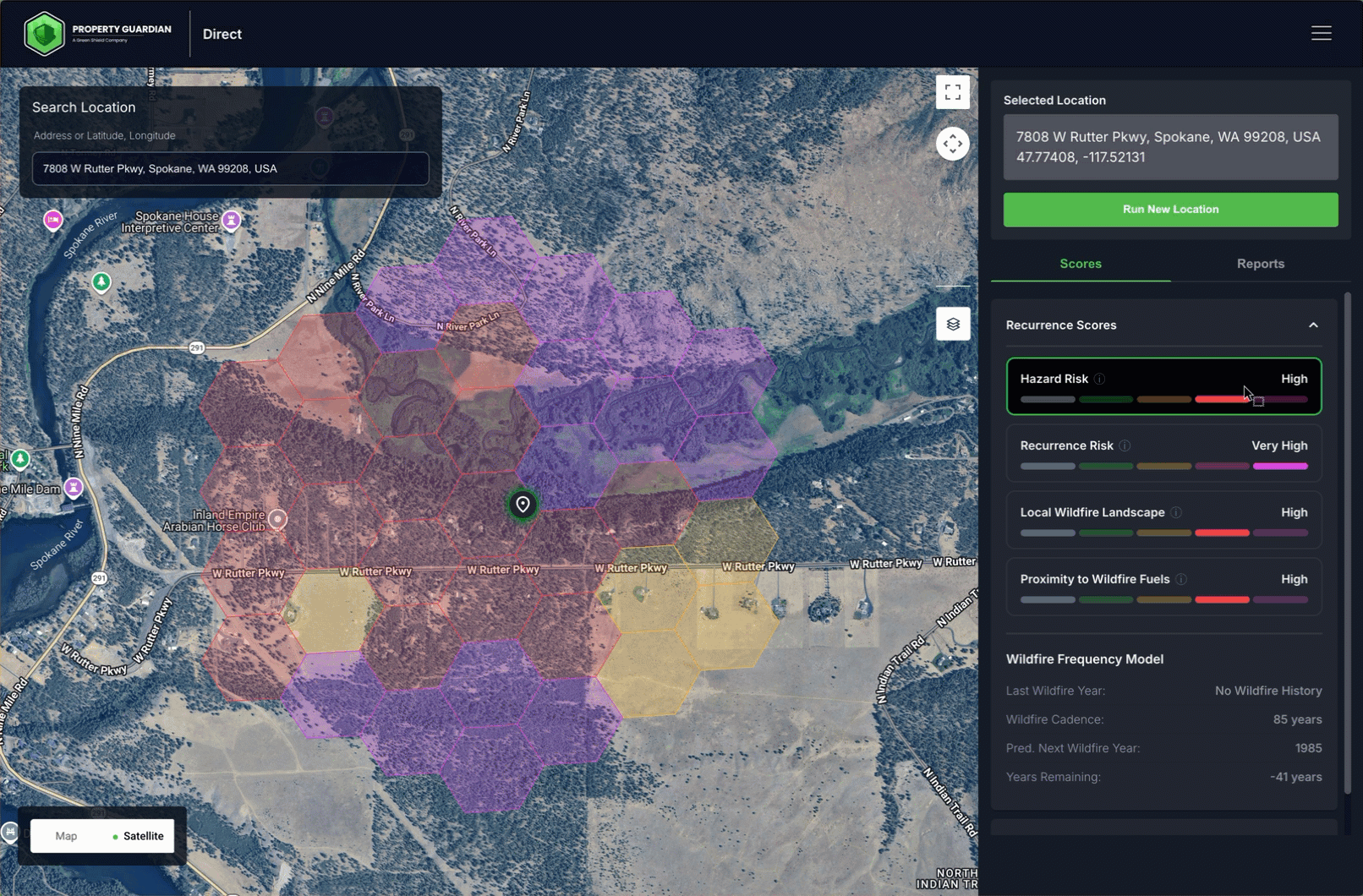 A wildfire risk assessment map shows colored zones, a selected location in Spokane, WA, and right-side panels with hazard and risk scores marked high, plus wildfire landscape and field proximity information.