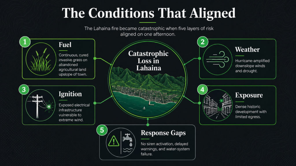 Infographic titled “The Conditions That Aligned” explaining five factors—fuel, weather, ignition, exposure, and response gaps—that led to catastrophic wildfire loss in Lahaina. Central illustration of greenery and town.