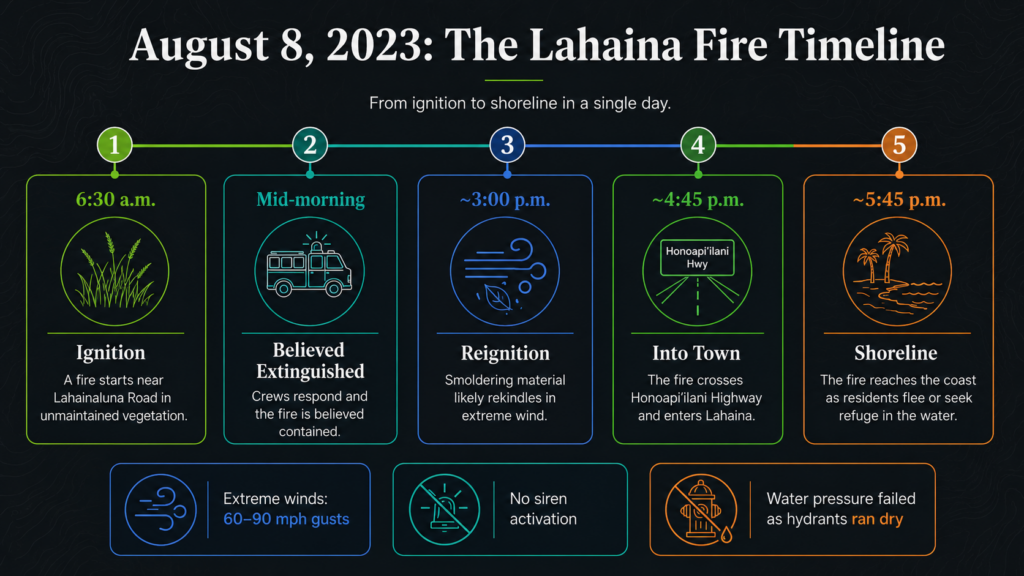 Timeline of Lahaina wildfire on August 8, 2023, showing key events from ignition at 6:30 a.m. to the wildfire reaching the shoreline at 5:45 p.m., with icons and brief descriptions for each stage.