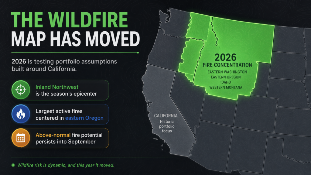 Map highlighting the Inland Northwest as the 2026 wildfire epicenter, including eastern Washington, eastern Oregon, Idaho, and western Montana. Text notes above-normal wildfire risk and California’s historic wildfire focus.