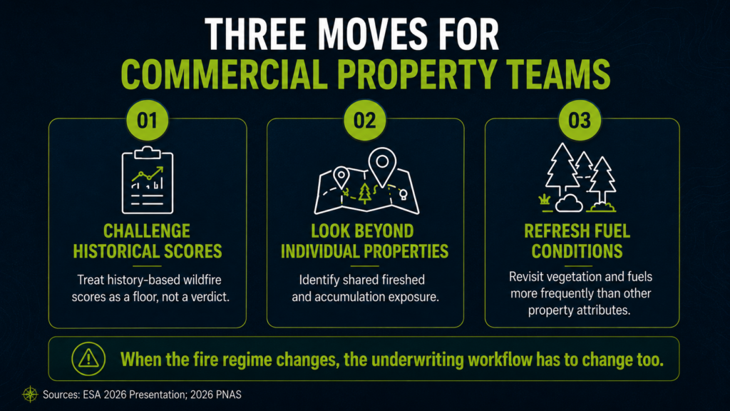 Infographic with three wildfire management tips for commercial property teams: challenge historical wildfire scores, look beyond individual properties, and refresh fuel conditions. Includes icons and text on a dark blue and green background.