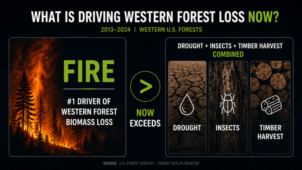 An infographic highlights wildfire as the leading cause of Western U.S. forest loss from 2013-2024, surpassing drought, insects, and timber harvest combined. The image features a burning forest and wood textures.