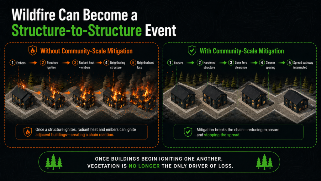 Infographic compares wildfire spread with and without community mitigation. Left: wildfire flames spread building to building. Right: mitigation strategies stop the chain of fire. Text highlights the importance of community-scale wildfire mitigation efforts.