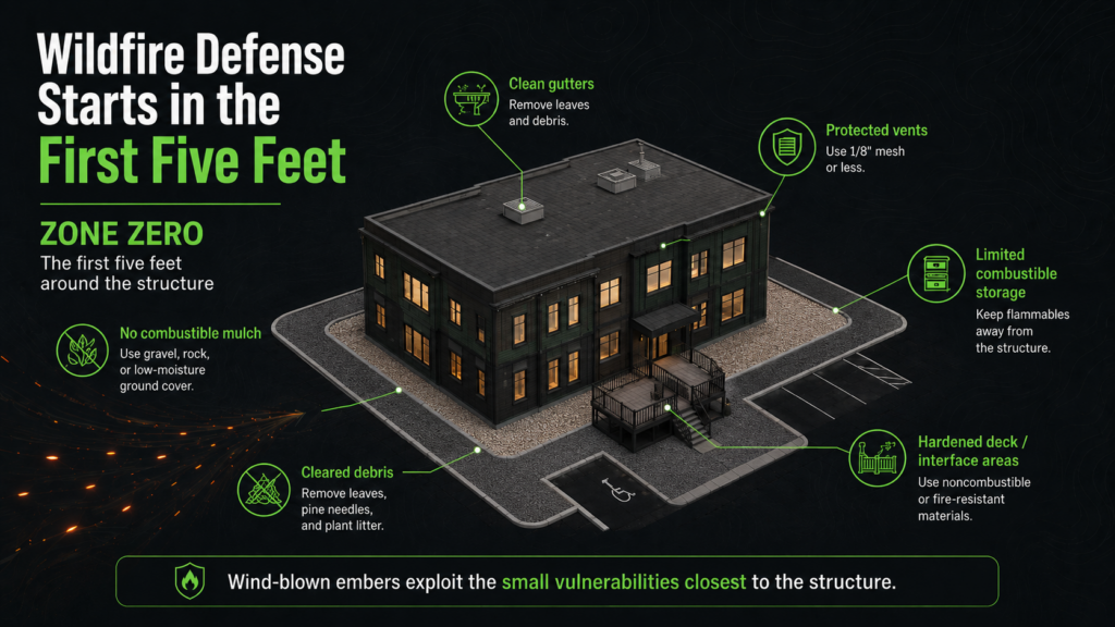 Infographic showing a house with essential wildfire defense tips: clear gutters, use protected vents, store combustibles away, clear debris, use noncombustible materials, and remove flammable plants within five feet of the structure to help safeguard your home from wildfires.