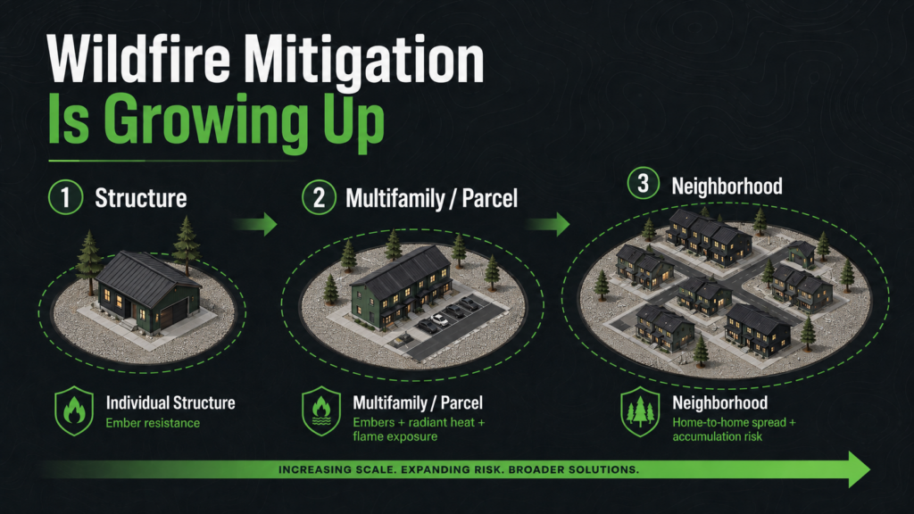Infographic showing wildfire mitigation at structure, parcel, and neighborhood levels, highlighting how wildfire risk and solutions expand with scale. Uses 3D building illustrations and labeled wildfire risk factors.