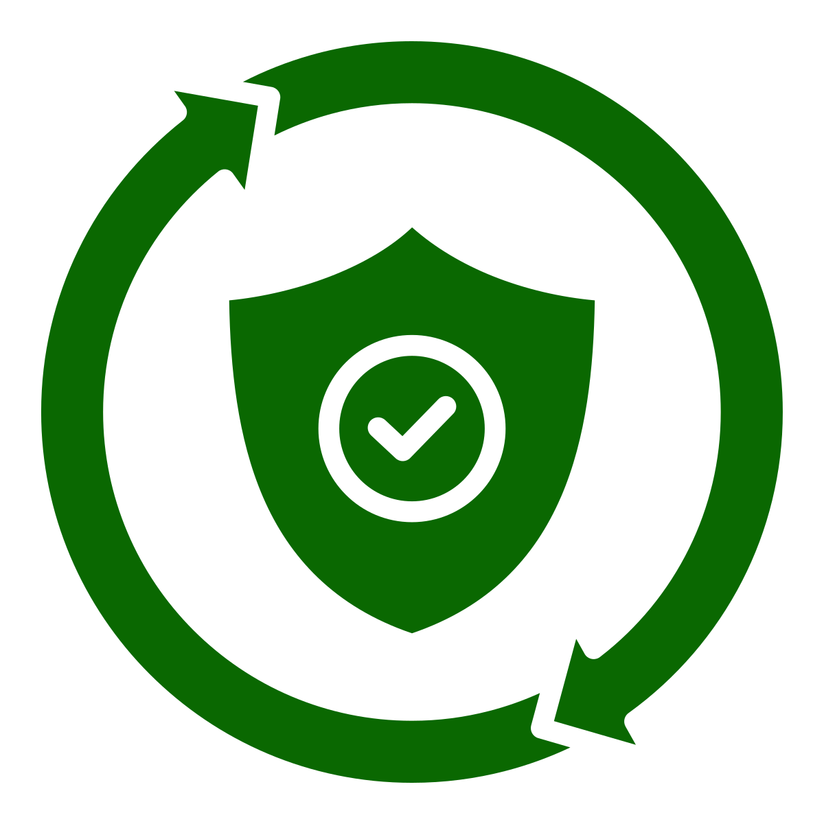 A green shield with a checkmark inside is surrounded by a green circular arrow, symbolizing security, protection, and continuous safety.