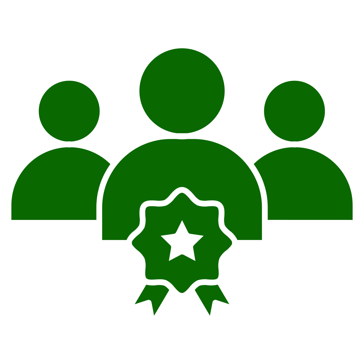 Three green human figures with a star-shaped badge featuring a ribbon in front, symbolizing team achievement, quality, or recognition.