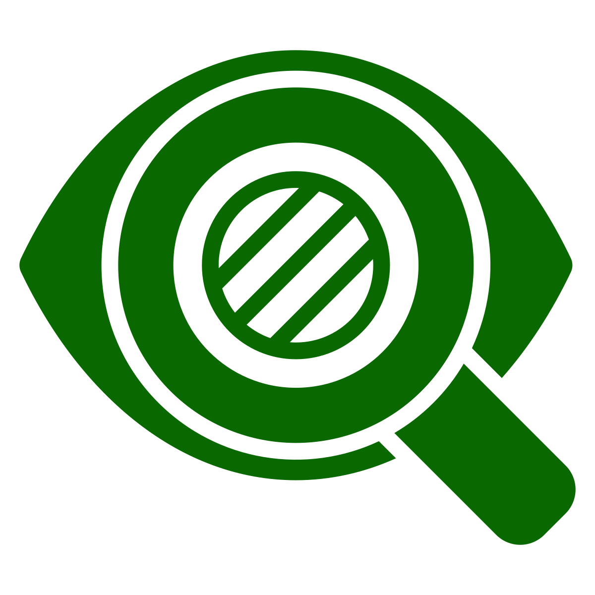A green eye icon with a magnifying glass overlaying its center, symbolizing vision or search.