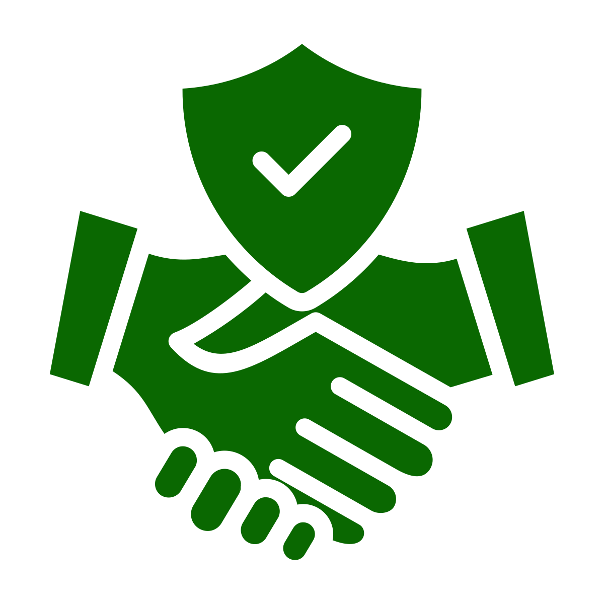 Green icon of two hands shaking with a shield and check mark above them, symbolizing trust, partnership, or secure agreement.