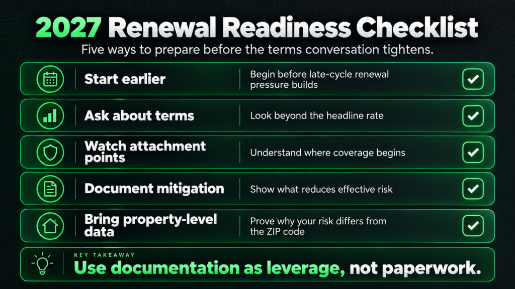 2027 Renewal Readiness Checklist with five steps and brief explanations, all checked off. The process is streamlined, ensuring your wildfire preparedness is up to standard for the upcoming cycle. Key takeaway at the bottom: “Use documentation as leverage, not paperwork.” Green and black color scheme.