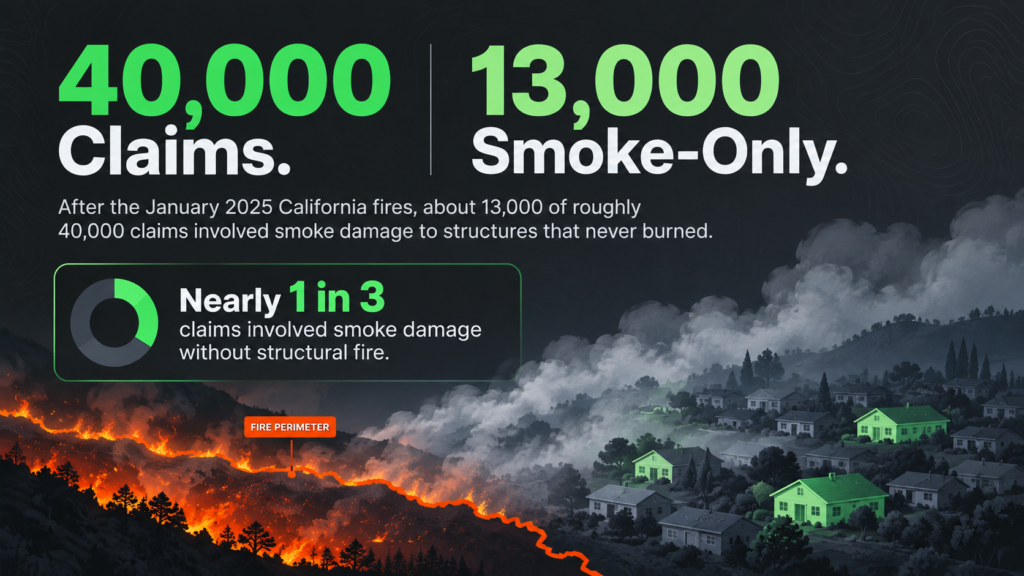 Infographic showing a wildfire near homes. Text: “40,000 Claims. 13,000 Smoke-Only. Nearly 1 in 3 claims involved smoke damage without structural fire after the January 2025 California wildfire.”.