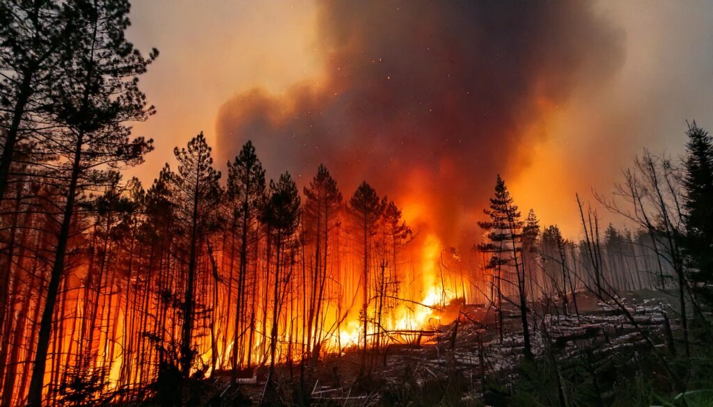 A large wildfire engulfs a forest, with tall flames and thick black smoke rising among the trees under a smoky sky, painting a powerful scene that demands close analytics to understand its devastating impact.